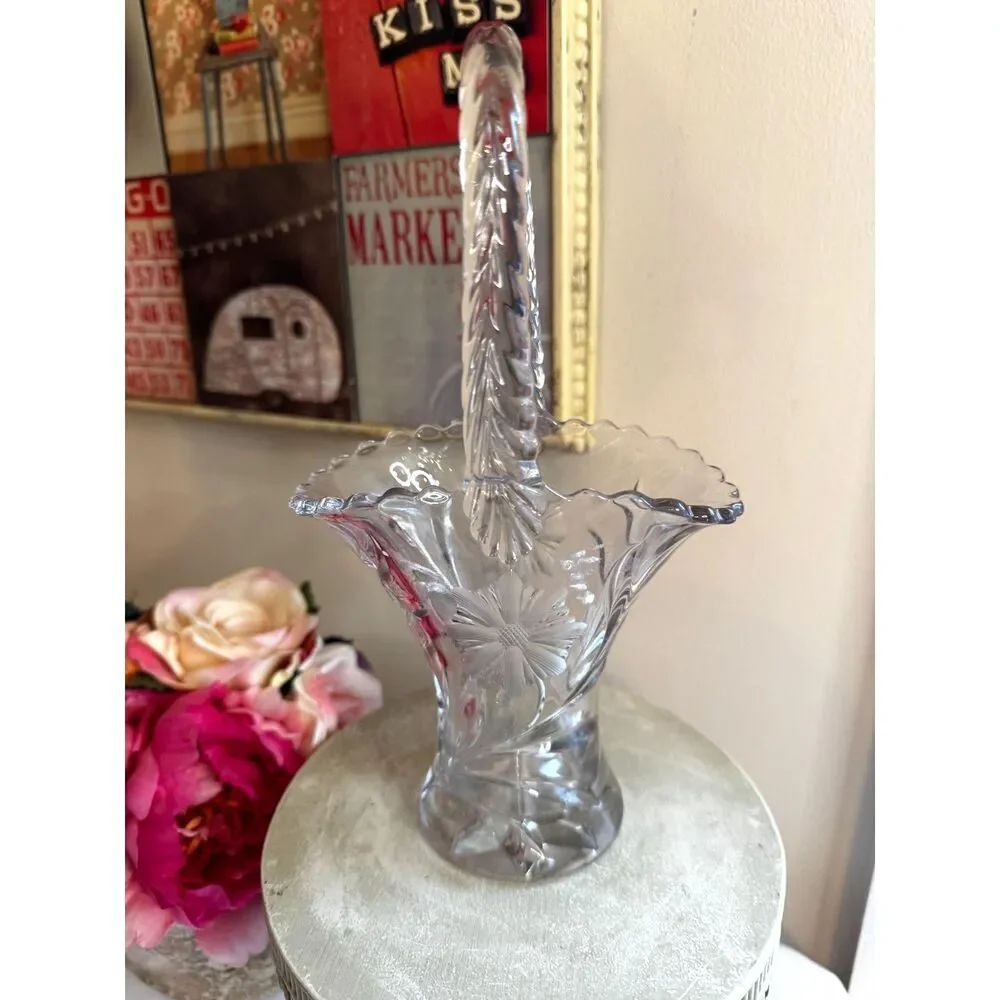 Vintage cut glass basket with top handle; gorgeous